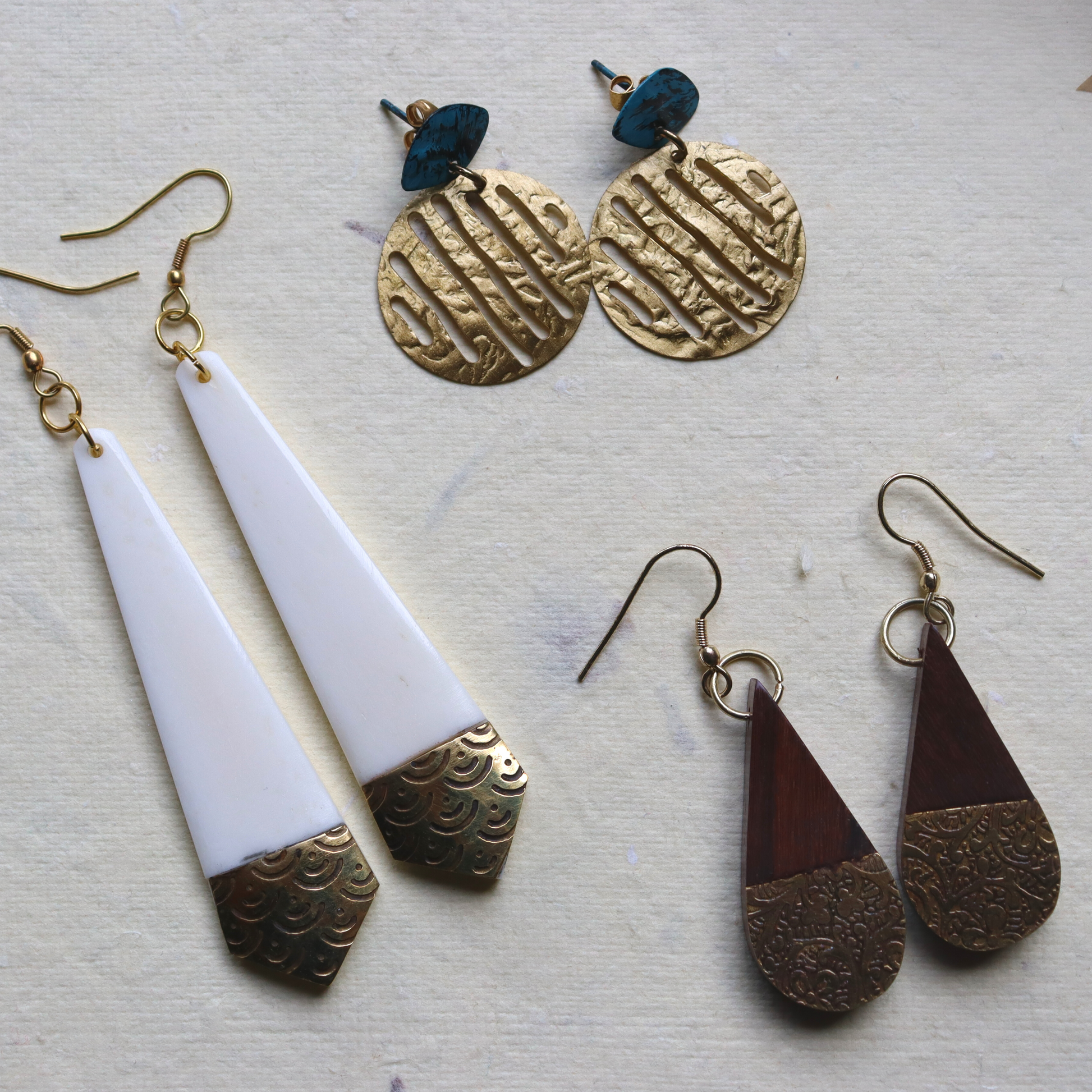 Wood and Brass Chic Earrings - Dangle, Teardrop, Brass filigree, Surekha - Aksa Home Decor 