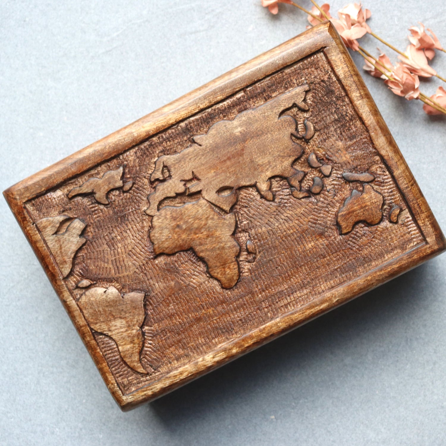 World Map Keepsake Box -No Inner Compartment, Wood, Engraved Photo Box - Aksa Home Decor