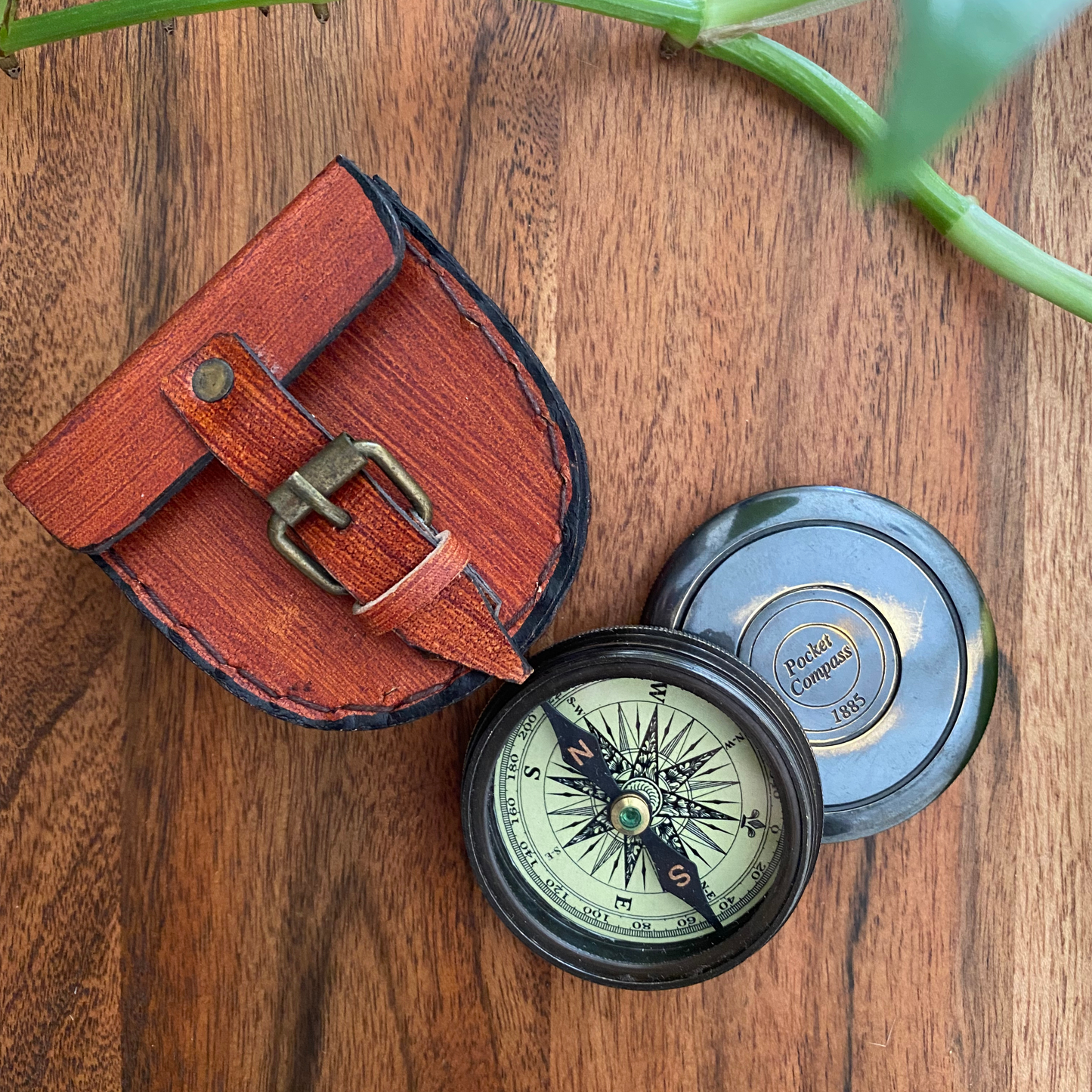 Handmade Brass Travellers Compass with Leather Case