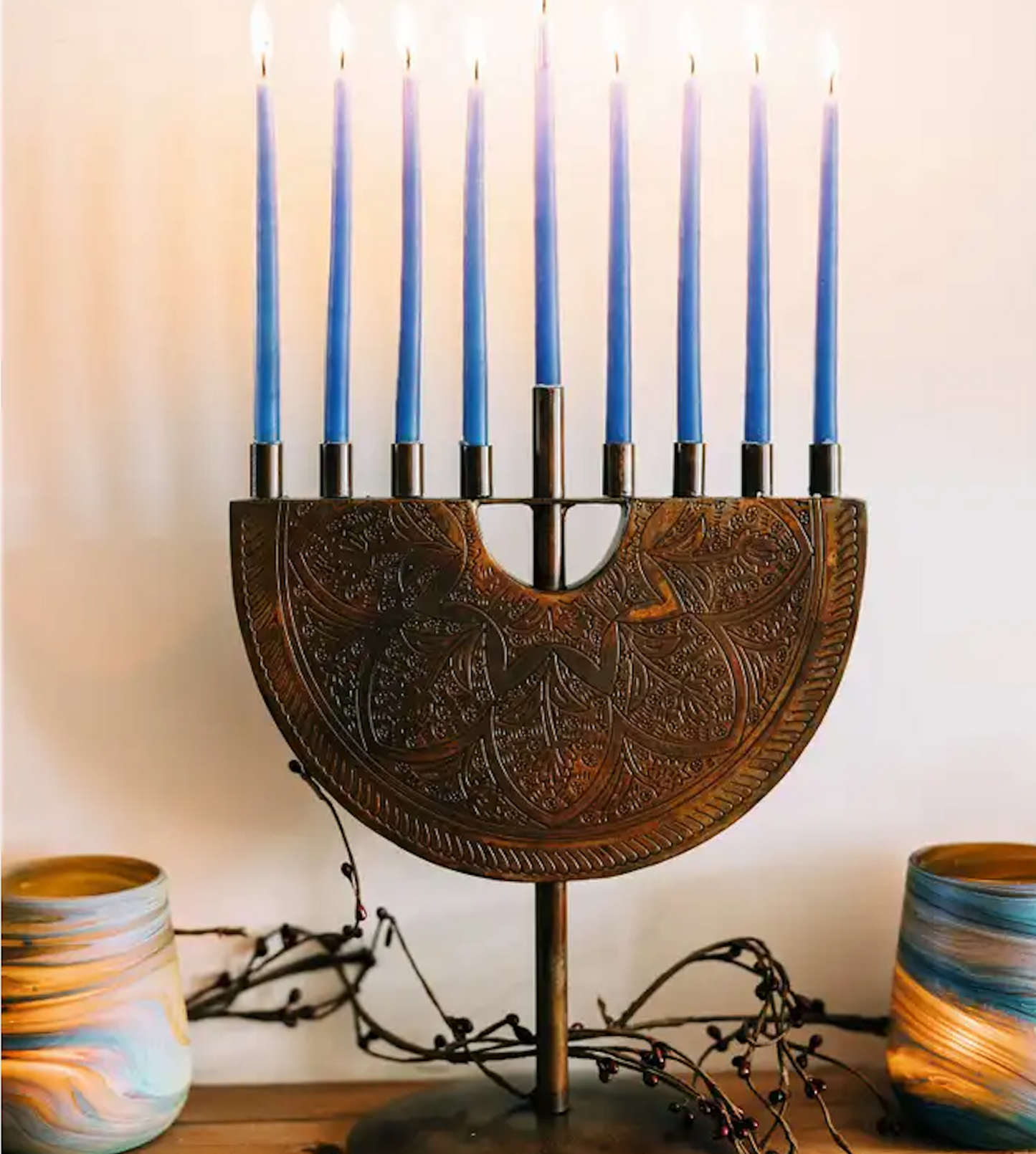 Engraved Iron Menorah - 9 Candle Chanukah, Jewish Hanukkah Lamp Holder - Aksa Home Decor 