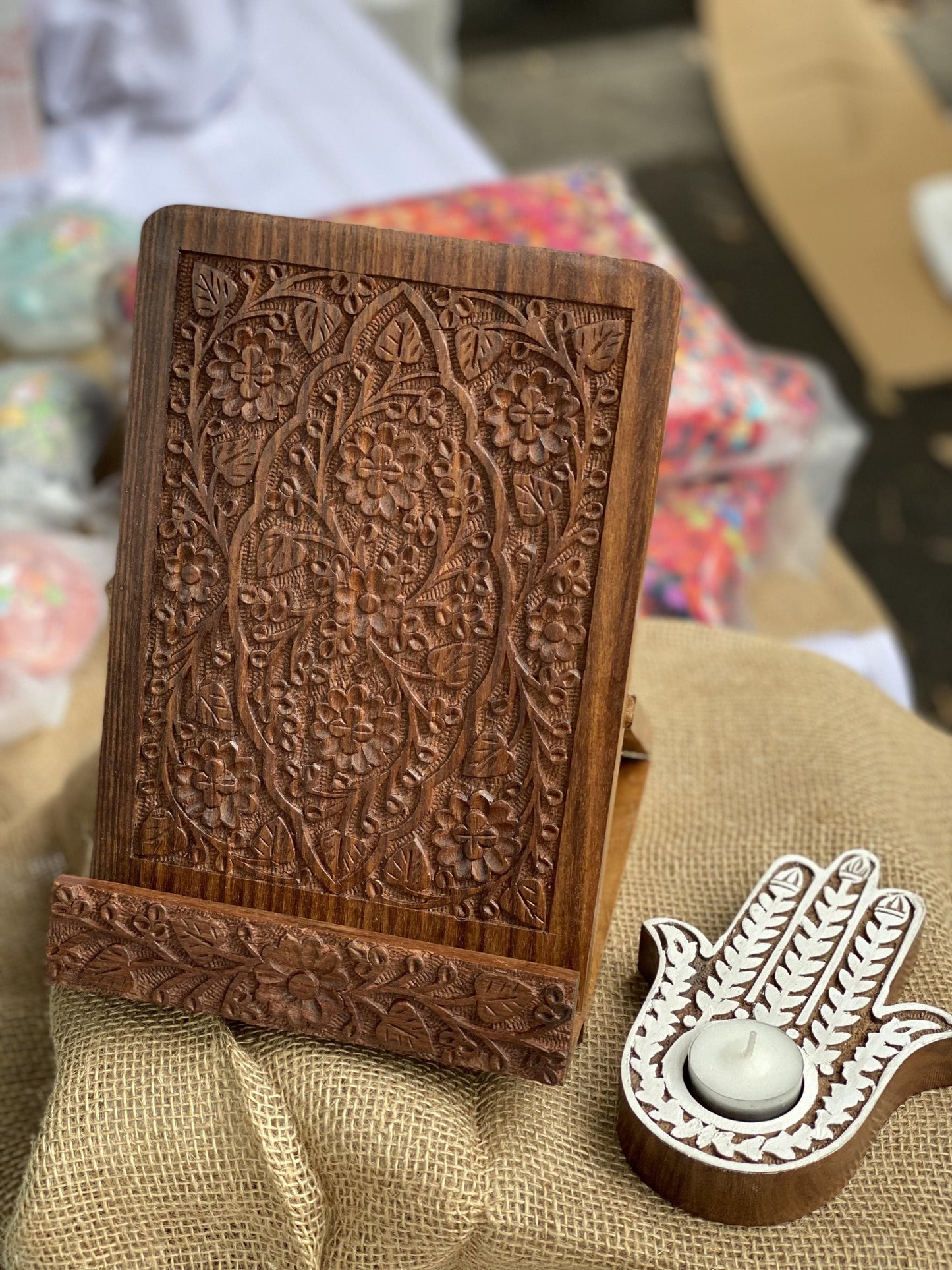 Floral Countertop Carved Wood Stand - Tablet, iPad, Book - Aksa