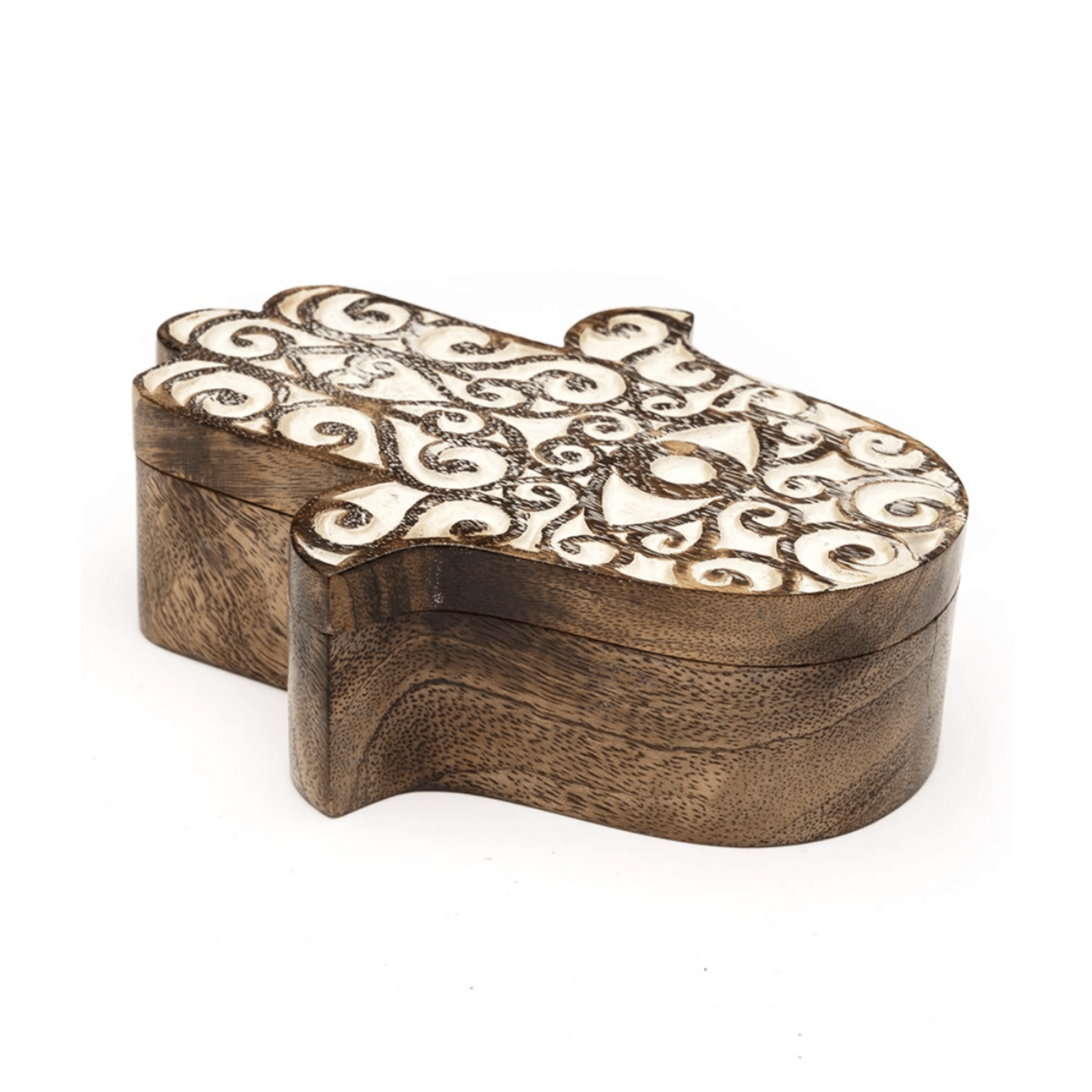Hamsa Antique Finish Wood Jewellery Storage Box - Whitewashed - Aksa
