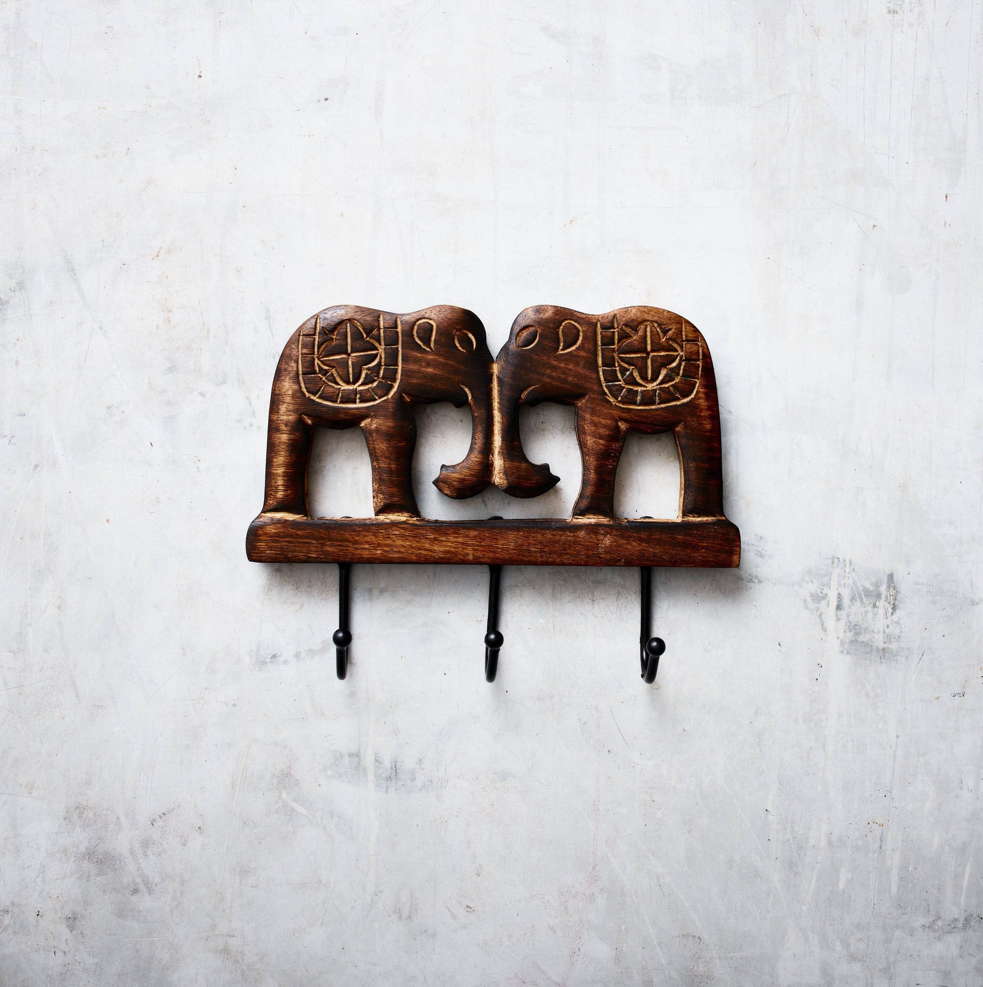 Hand-carved Elephant Wall Wooden Hanger - 3 Hooks, Mounted - Aksa
