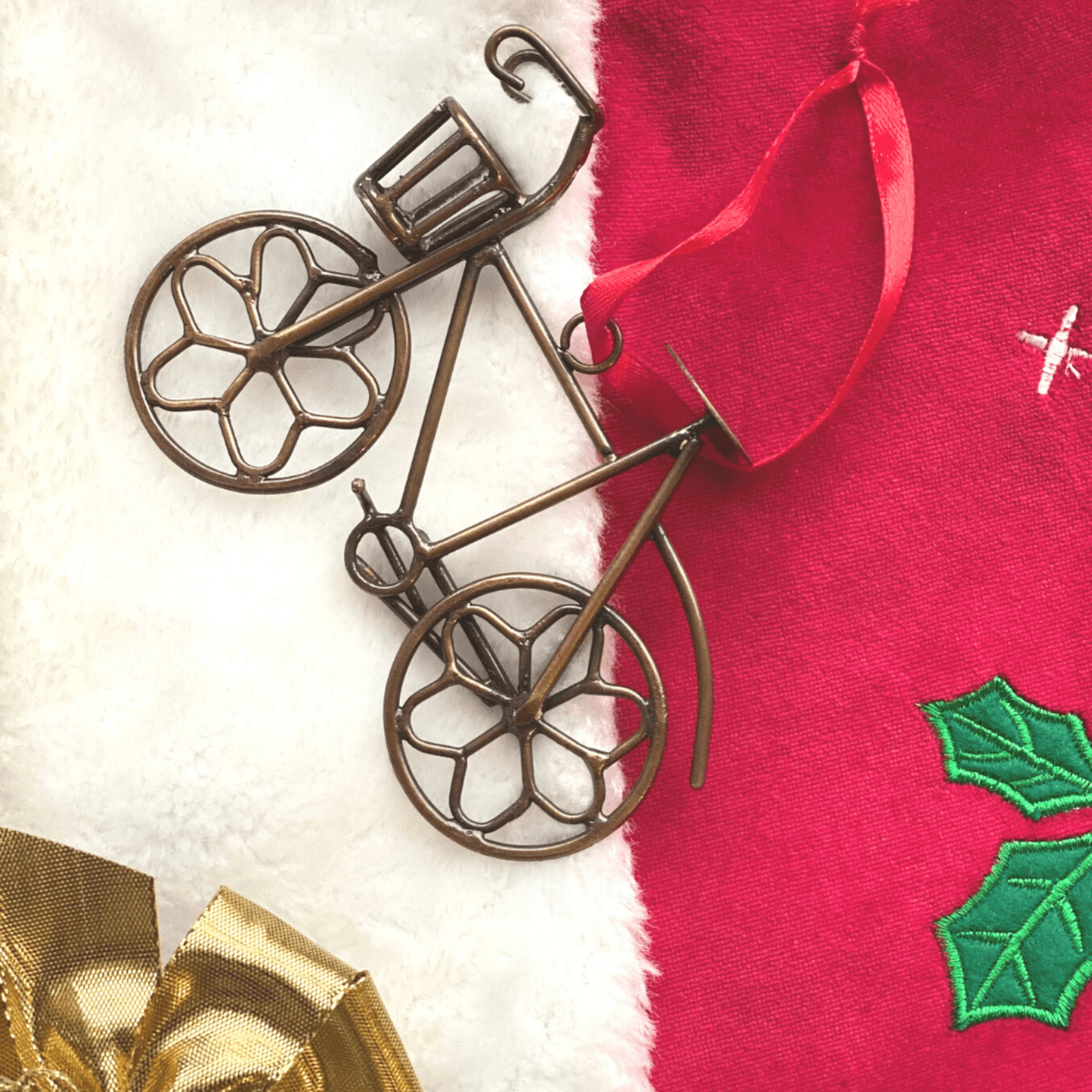 Handmade Bicycle Ornament - Red Ribbon, Bike with Basket - Aksa