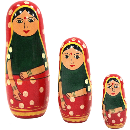 Handmade Indian Nested Dolls - Set of 3, Wood, Red - Aksa