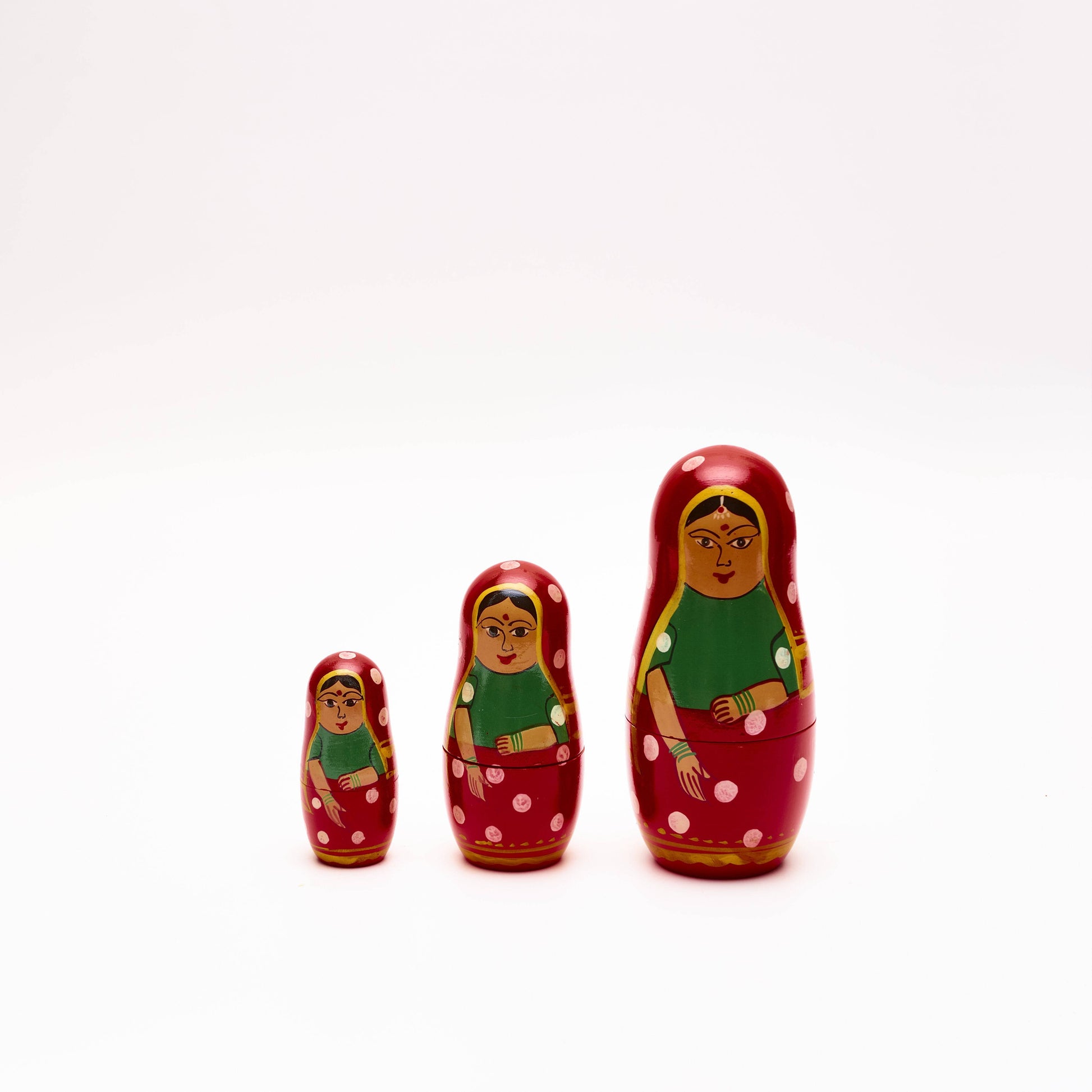 Handmade Indian Nested Dolls - Set of 3, Wood, Red - Aksa