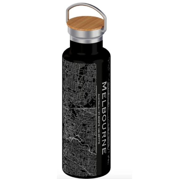 Melbourne Engraved Map 20 oz Bottle - Matte Black, Stainless steel, Bamboo cap, Insulated