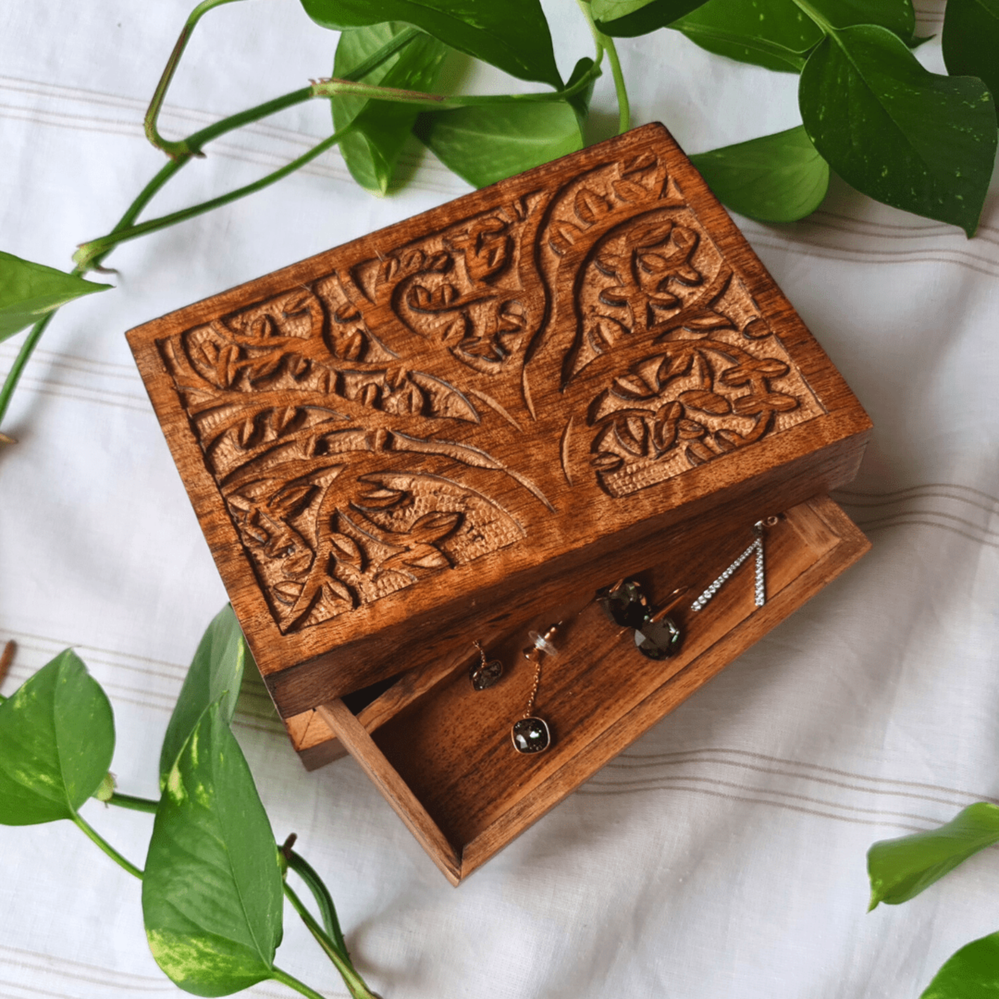 Tree of Life Wood Jewellery Keepsake Box - Rectangle, Compartment, Medium