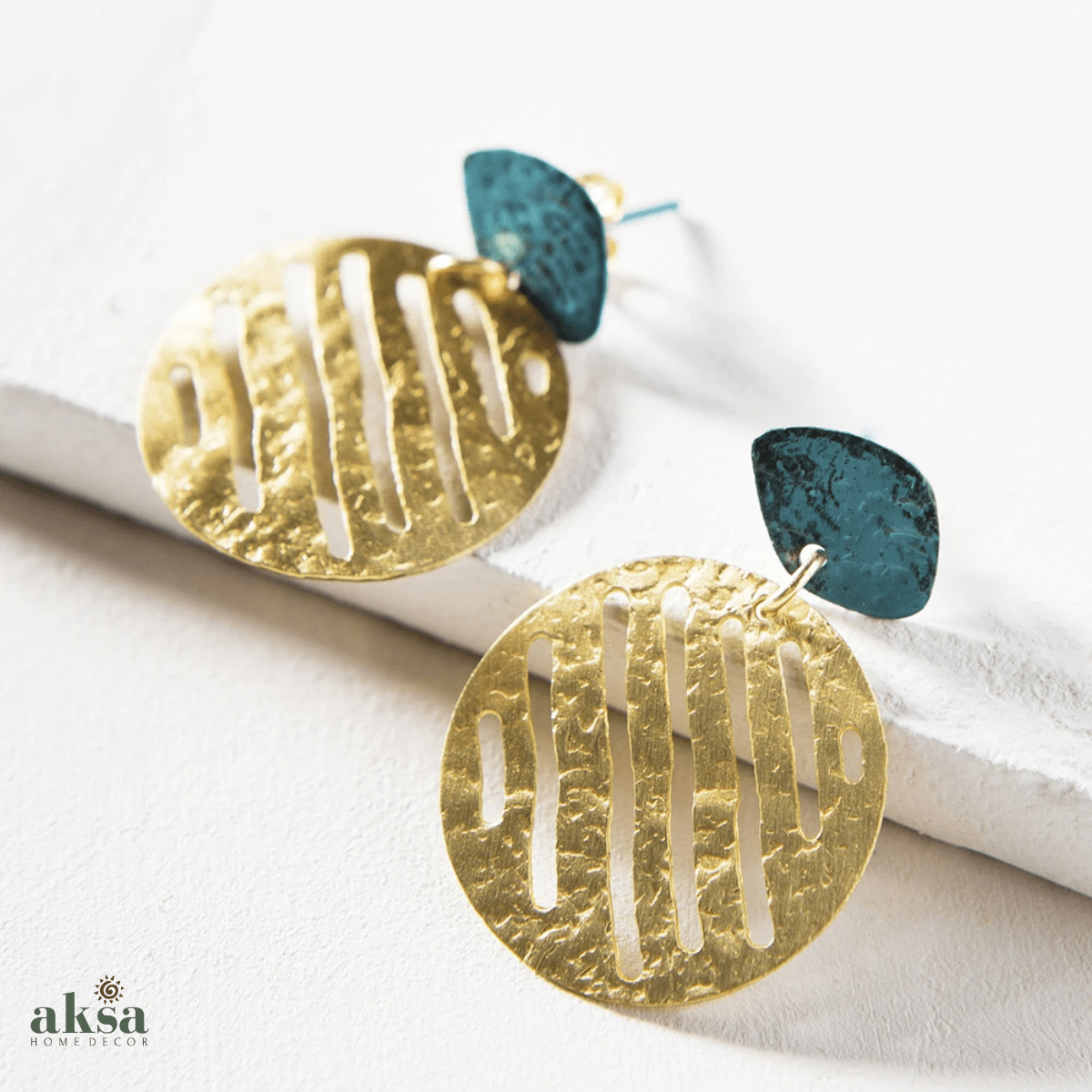 Gold & Teal Coin Brass Drop Earrings, Filigree, Circle, Menka Jewellery