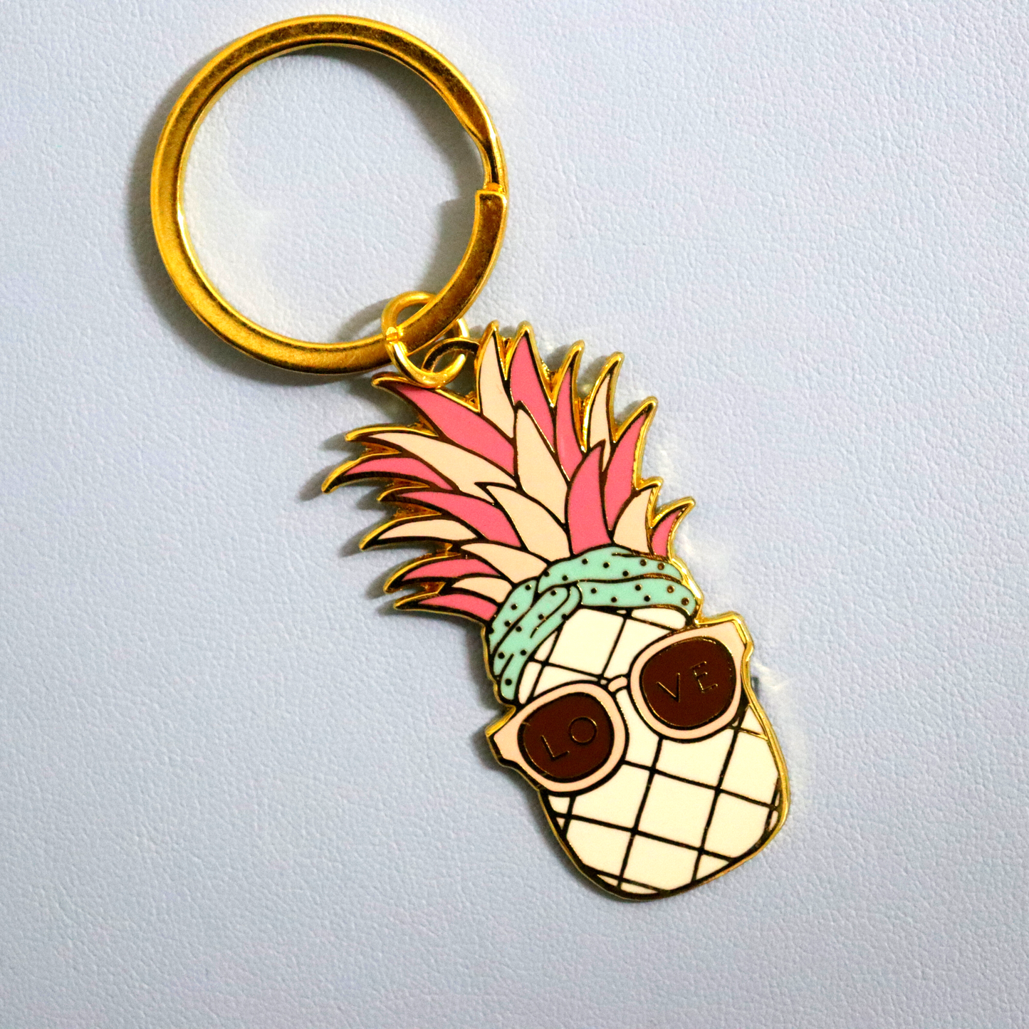 Pineapple Keychain - Enamel Keyring, Tropical Sunshine Fruit with Love Sunglasses - Aksa Home Decor 