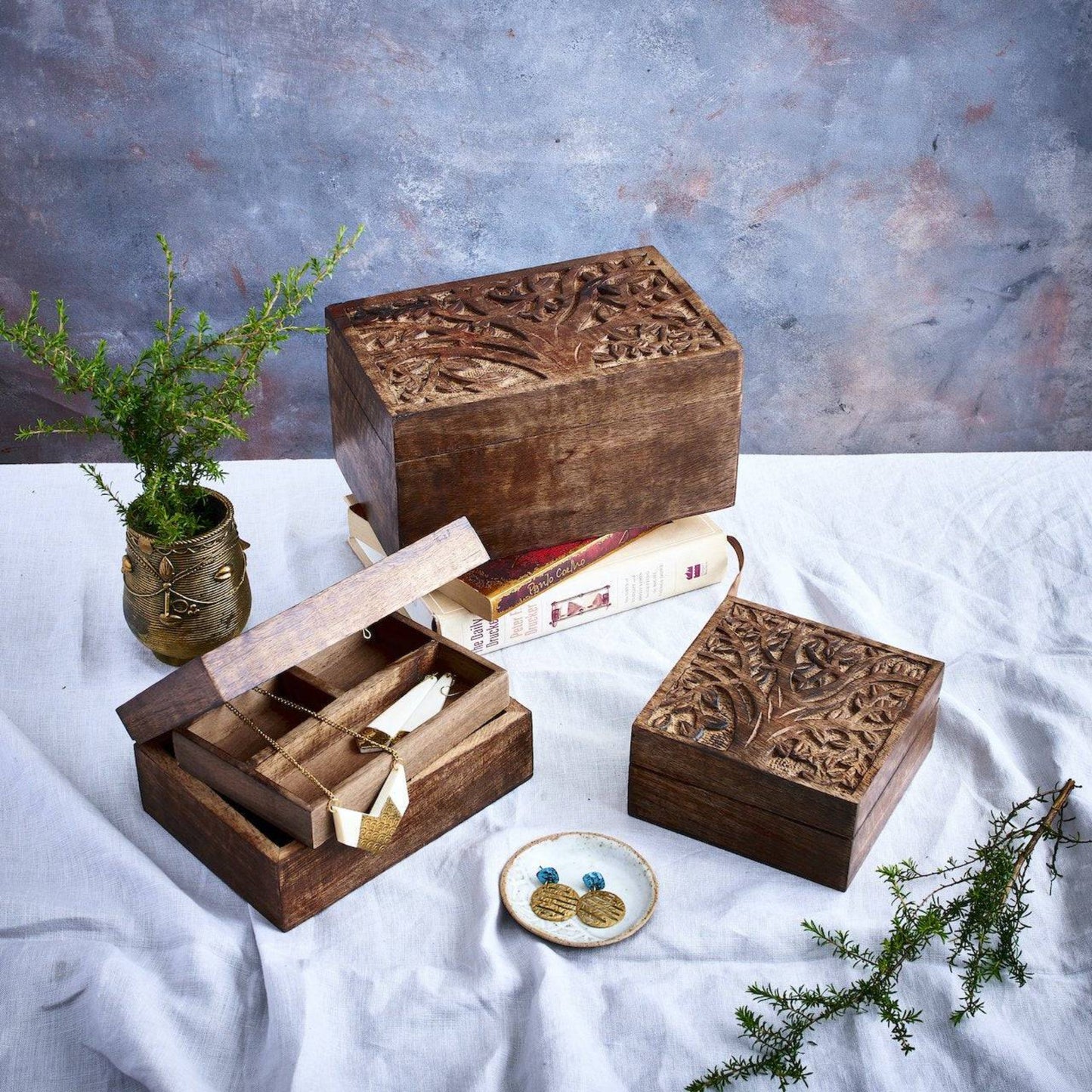 Small Tree of Life Wood Jewellery Box - Square, 5 inch - Aksa