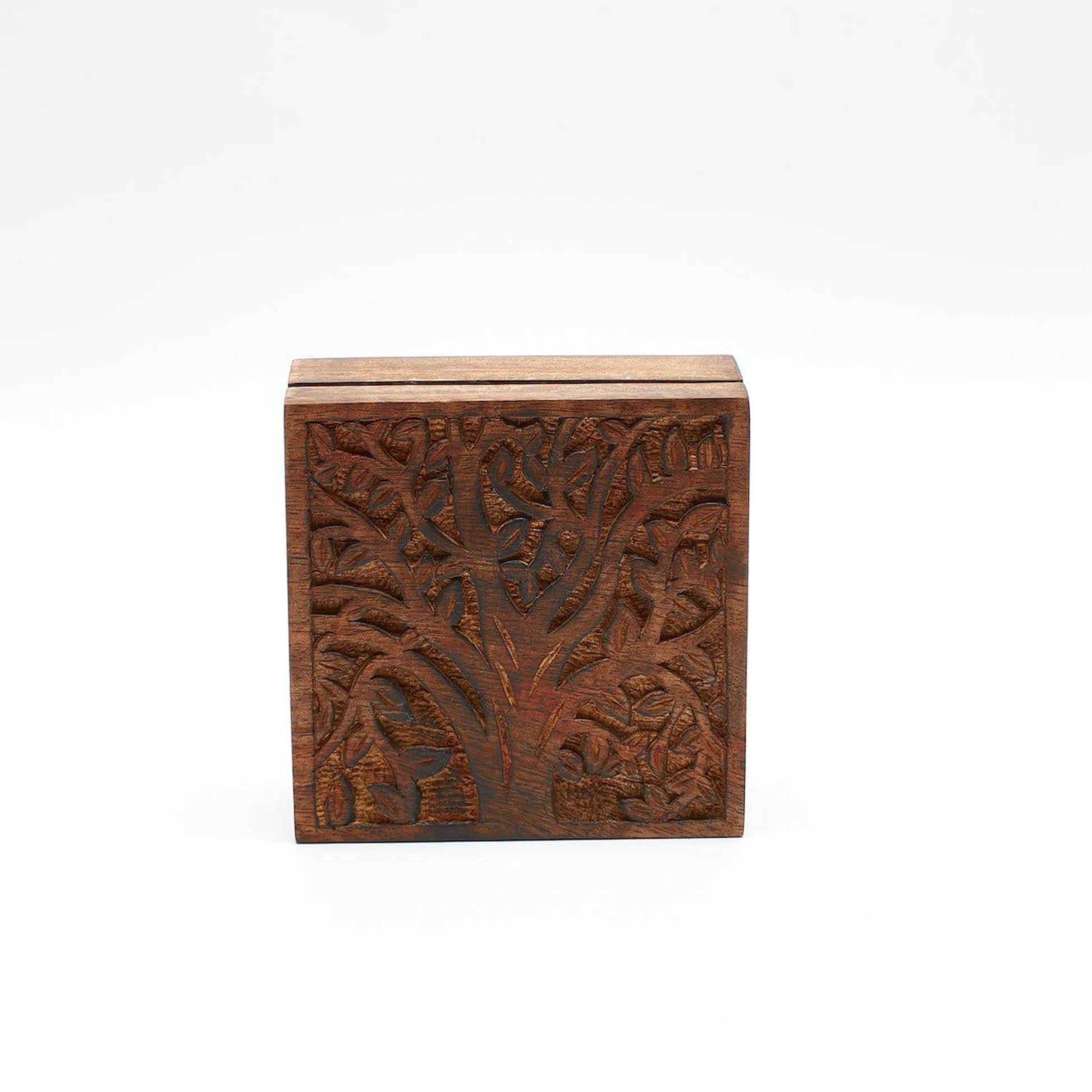 Small Tree of Life Wood Jewellery Box - Square, 5 inch - Aksa