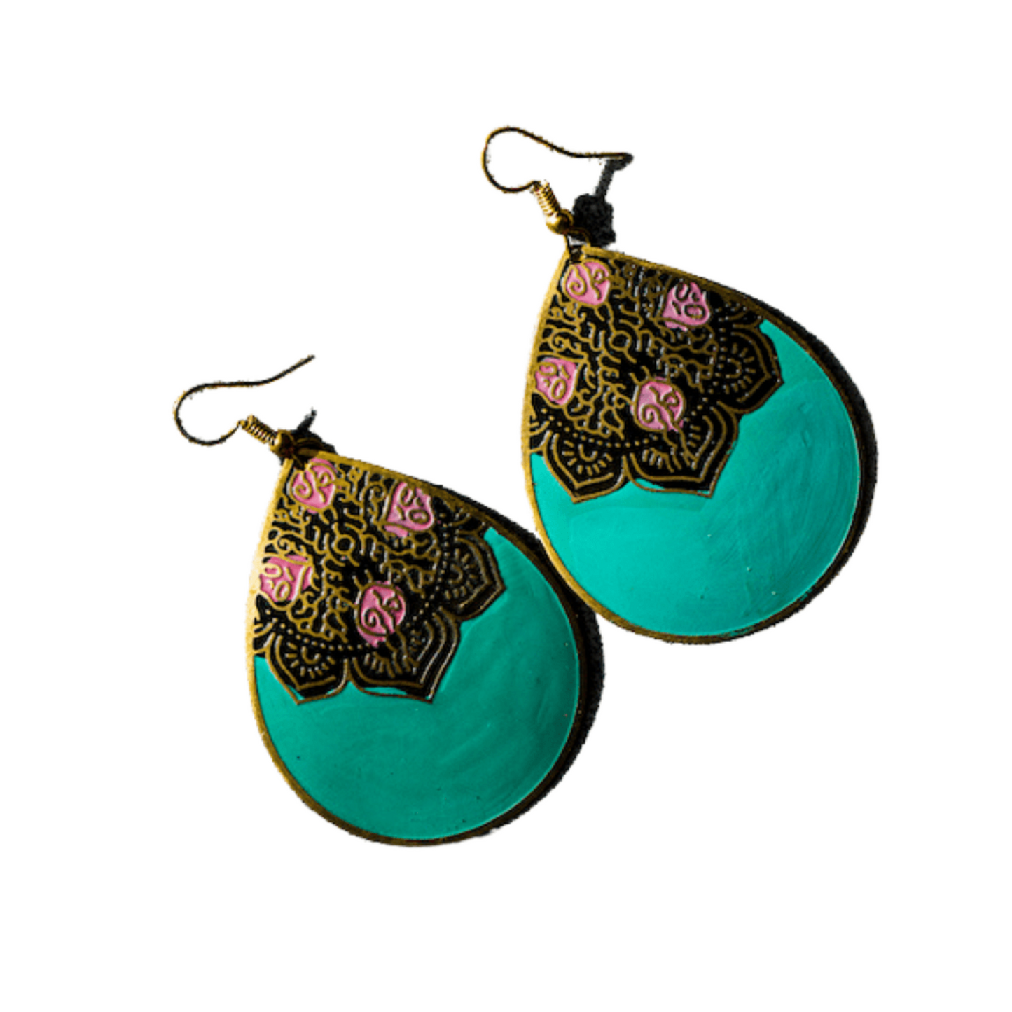 Turquoise Teardrop Earrings - Black & Pink Motif, Brass - Aksa